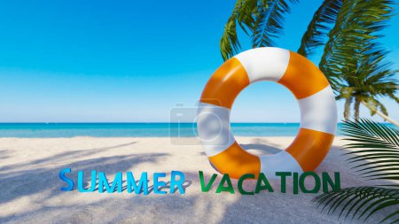 Photo for Summer vacation background with the words "summer vacation" and a swimming tube on beach sand with palm trees behind it. 3d rendering - Royalty Free Image