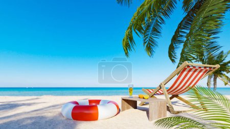 Photo for Summer vacation concept background with beach chairs and swimming tubes on a summer beach with palm trees. 3d rendering - Royalty Free Image