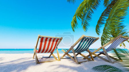 Foto de Concepto de vacaciones de verano fondo con sillas de playa en arena de playa con palmeras. renderizado 3d - Imagen libre de derechos