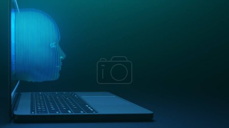 Foto de Una IA con rostro humano aparece en el monitor de su computadora y hace lo que le pide que haga en la renderización chat.3d - Imagen libre de derechos