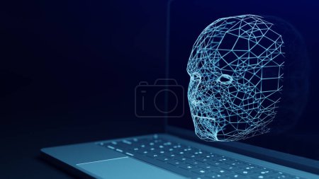 A human-faced AI appears on your computer monitor and does what you ask it to do in chat.3d rendering