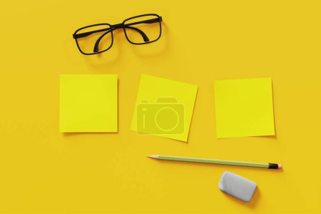 Téléchargez les photos : Vue du dessus fond jaune avec trois notes jaunes avec des lunettes et un crayon. Rendu 3d - en image libre de droit