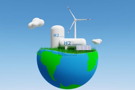 Foto de Concept background with solar, wind, and hydrogen energy tanks on a round globe. renderizado 3d - Imagen libre de derechos