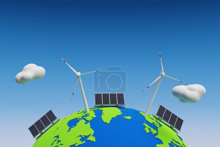 Téléchargez les photos : Concept background avec panneaux solaires et énergie éolienne sur un globe rond. Rendu 3d - en image libre de droit