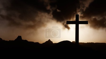 Photo for Yellow sunset with clouds behind the cross in the background. 3d rendering - Royalty Free Image