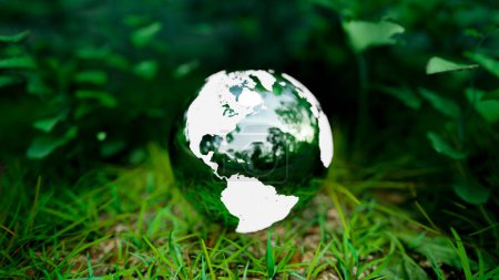 Téléchargez les photos : Concept mondial de protection de l'environnement image de fond avec un globe sur l'herbe dans une forêt, rendu 3D - en image libre de droit