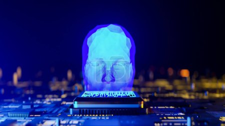 Konzeptioneller Hintergrund eines menschlichen Kopfes als CPU einer starken künstlichen Intelligenz "AGI", 3D-Rendering
