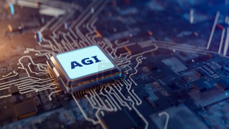 Forte intelligence artificielle "AGI" carte mère et arrière-plan CPU, rendu 3D