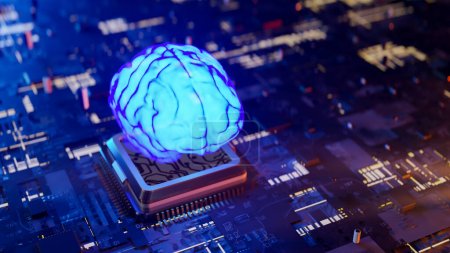 Konzeptioneller Hintergrund des menschlichen Gehirns als CPU einer starken künstlichen Intelligenz "AGI", 3D-Rendering