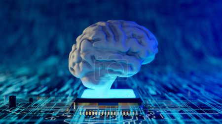 Foto de Conceptual background of the human brain as the CPU of a strong artificial intelligence "AGI", 3d rendering - Imagen libre de derechos