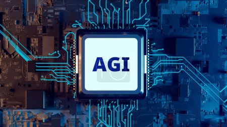 Strong Artificial Intelligence "AGI" motherboard and CPU background, 3D rendering