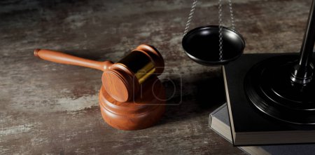 Photo for Close-up background of courtroom gavel and scales of justice on desk, 3d rendering - Royalty Free Image