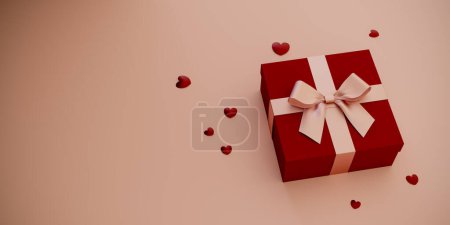 Foto de Una caja de regalo con una cinta rosa en una caja roja con corazones esparcidos a su alrededor. renderizado 3d - Imagen libre de derechos