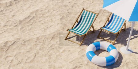 Téléchargez les photos : Concept vacances plage d'été fond avec parasols, chaises de plage et des tubes de natation dans le sable. Rendu 3d - en image libre de droit