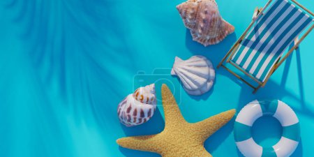 Photo for Summer vacation concept background with starfish and seashells, beach chairs, and a swimming tube. 3d rendering - Royalty Free Image
