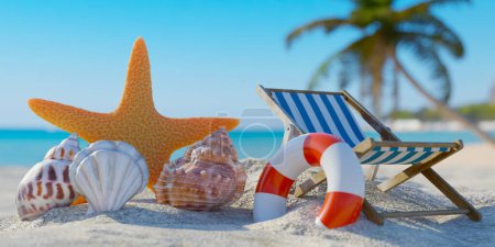 Photo for Summer vacation concept background with starfish and seashells in the beach sand on a tropical island. 3d rendering - Royalty Free Image