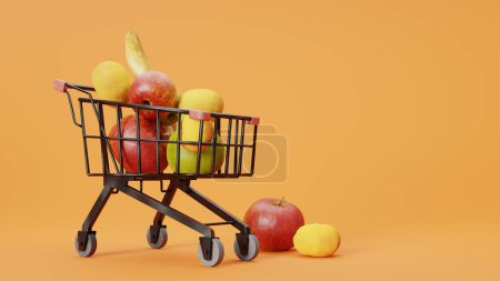 Téléchargez les photos : Concept d'épicerie image de fond avec des fruits dans un panier. Rendu 3d - en image libre de droit