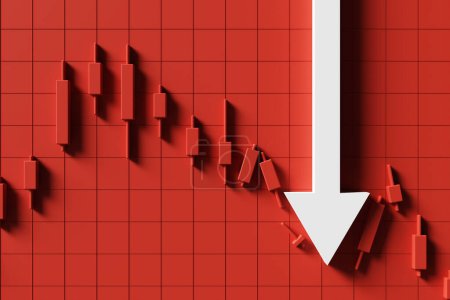 Foto de Imagen de fondo del candelero rojo con una flecha apuntando hacia abajo que indica una caída del precio de las acciones. renderizado 3d - Imagen libre de derechos