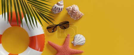 Foto de Fondo de vacaciones de verano con un montón de conchas marinas, un sombrero de paja, y un tubo de natación con hojas. renderizado 3d - Imagen libre de derechos