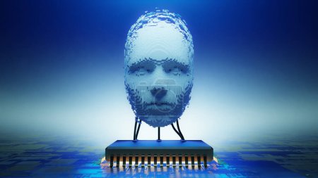 Konzeptbild einer künstlichen Intelligenz mit einem digitalisierten menschlichen Gesicht, das mit einer KI-CPU verbunden ist. 3D-Darstellung