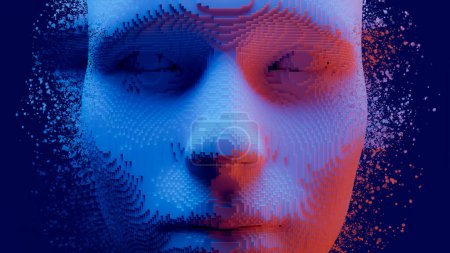 Konzept einer KI, die ein digitalisiertes menschliches Gesicht trägt und die Ambivalenz der KI zum Ausdruck bringt. 3D-Darstellung