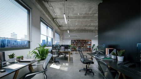 Téléchargez les photos : Intérieur d'un bureau moderne avec plafond et sol en béton exposé. Rendu 3d - en image libre de droit