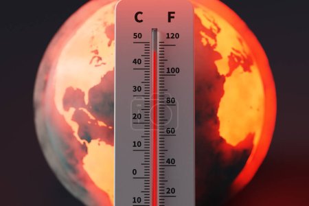 Téléchargez les photos : Terre connaissant des températures extrêmement élevées et un thermomètre montrant des températures élevées, rendu 3d - en image libre de droit