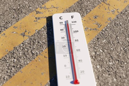 Téléchargez les photos : Image conceptuelle d'un thermomètre sur asphalte montrant une température élevée, rendu 3d - en image libre de droit