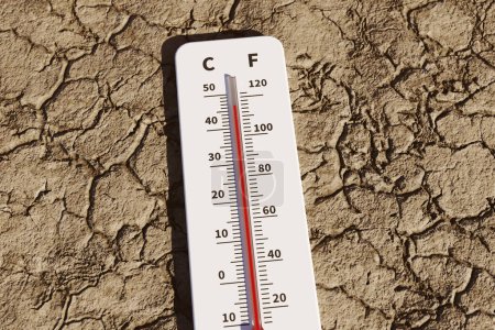 Téléchargez les photos : Thermomètre montrant une température élevée dans les terres arides en raison de températures anormalement élevées, rendu 3d - en image libre de droit