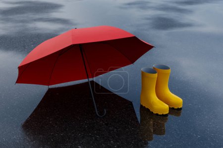 Téléchargez les photos : Parapluie rouge et bottes jaunes sur asphalte mouillé après la pluie, rendu 3d - en image libre de droit