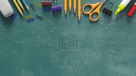 Photo for Various stationery background with chalkboard background, 3d rendering - Royalty Free Image