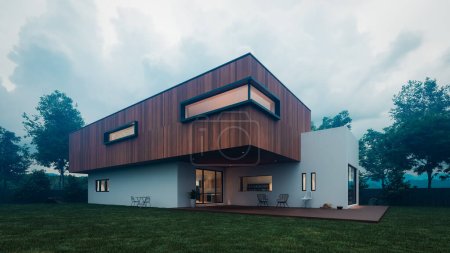 Foto de Perspectiva de una arquitectura moderna de dos pisos en un día nublado con acabados de madera y pintura blanca, representación 3D - Imagen libre de derechos