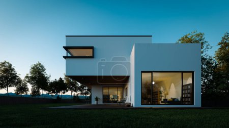 Foto de Perspectiva de la arquitectura moderna de la casa de dos pisos al atardecer con paredes exteriores blancas, representación 3d - Imagen libre de derechos