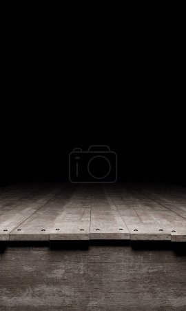 Foto de Mesa de madera podio sobre fondo negro, 3d renderizado - Imagen libre de derechos