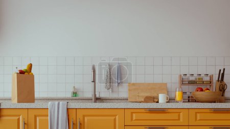 Téléchargez les photos : Intérieur de cuisine moderne avec des meubles de couleur vive et mur blanc, rendu 3d - en image libre de droit