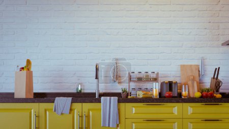 Téléchargez les photos : Intérieur de cuisine moderne avec des meubles de couleur vive et mur de briques blanches, rendu 3d - en image libre de droit