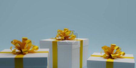 Téléchargez les photos : Boîtes cadeaux blanches liées par des rubans dorés, rendu 3d - en image libre de droit