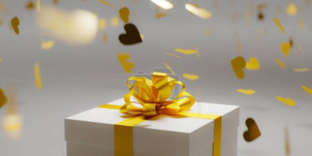 Téléchargez les photos : Boîte cadeau blanche attachée avec ruban doré et confettis volants, rendu 3d - en image libre de droit
