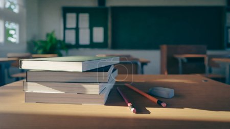Textbooks and pencils on desk in school classroom, 3d rendering