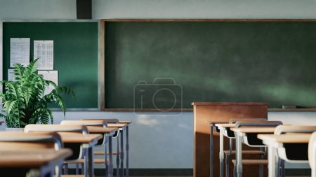 Photo for Blackboard, desks and chairs in empty school classroom, 3d rendering - Royalty Free Image