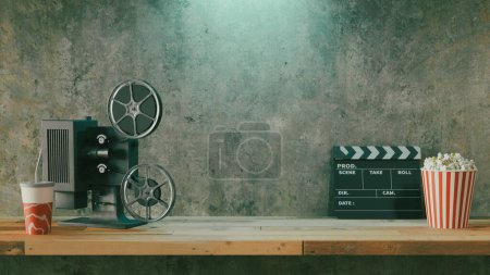 Téléchargez les photos : Film podium fond avec des objets de film, rendu 3d - en image libre de droit