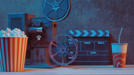 Filmpodium Hintergrund mit Filmobjekten, 3D-Rendering