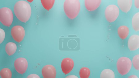 Foto de Globos en tonos pastel rosados se organizan en un círculo contra una pared azul, 3d representación - Imagen libre de derechos