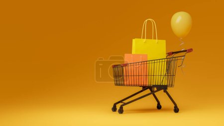 Téléchargez les photos : Panier et sac à provisions pour arrière-plan concept shopping, rendu 3d - en image libre de droit