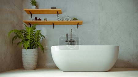Téléchargez les photos : Salle de bain moderne Intérieur avec baignoire, rendu 3d - en image libre de droit
