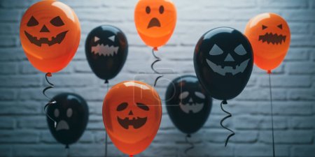 Téléchargez les photos : Concepts Halloween effrayant sourire ballons visage, rendu 3D - en image libre de droit
