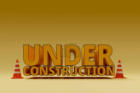 Photo for "Under Construction" written in 3D and traffic cone with red stripes, 3d rendering - Royalty Free Image