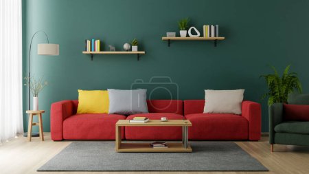 Photo for A living room interior with a red sofa with a wooden floor on a green wall, 3d rendering - Royalty Free Image