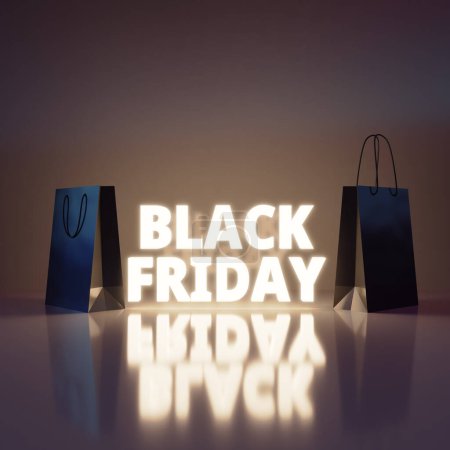 Téléchargez les photos : Black Friday shopping concept fond avec des sacs à provisions noirs et noir vendredi lettres brillant néon au milieu, rendu 3d - en image libre de droit