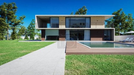 Téléchargez les photos : Vue journalière de la maison moderne à deux étages avec jardin et piscine, rendu 3D - en image libre de droit